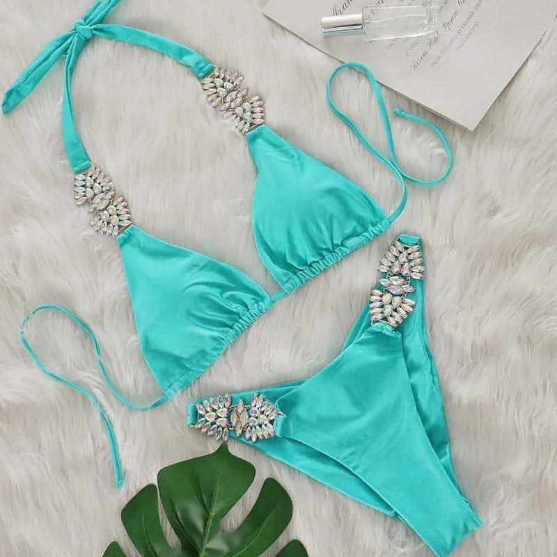 Glänzender Push-Up Bikini mit Strasssteinen – Sexy Zweiteiler für Damen, Strand & Pool